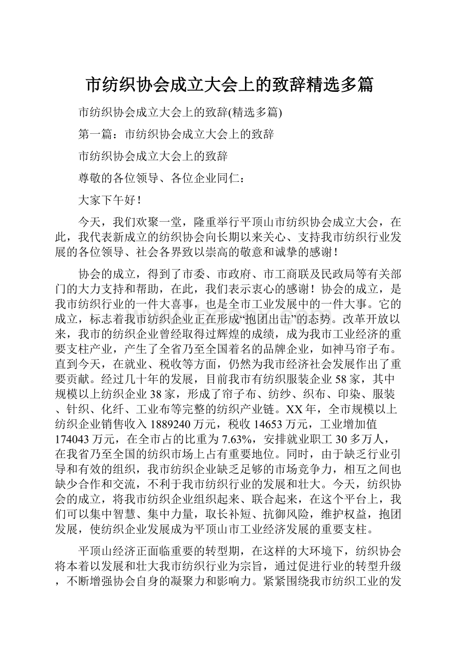 市纺织协会成立大会上的致辞精选多篇.docx