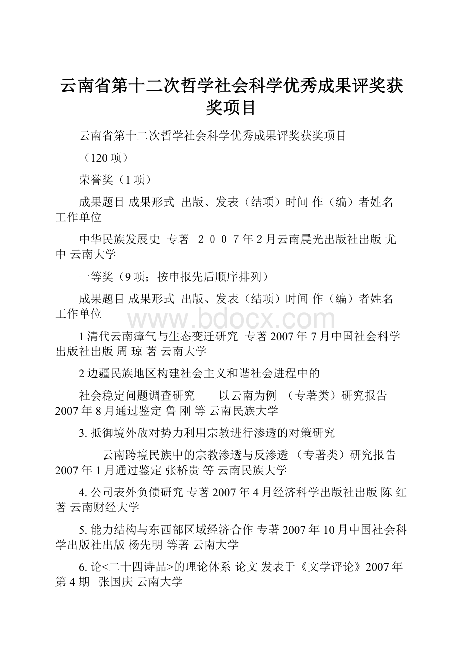 云南省第十二次哲学社会科学优秀成果评奖获奖项目.docx