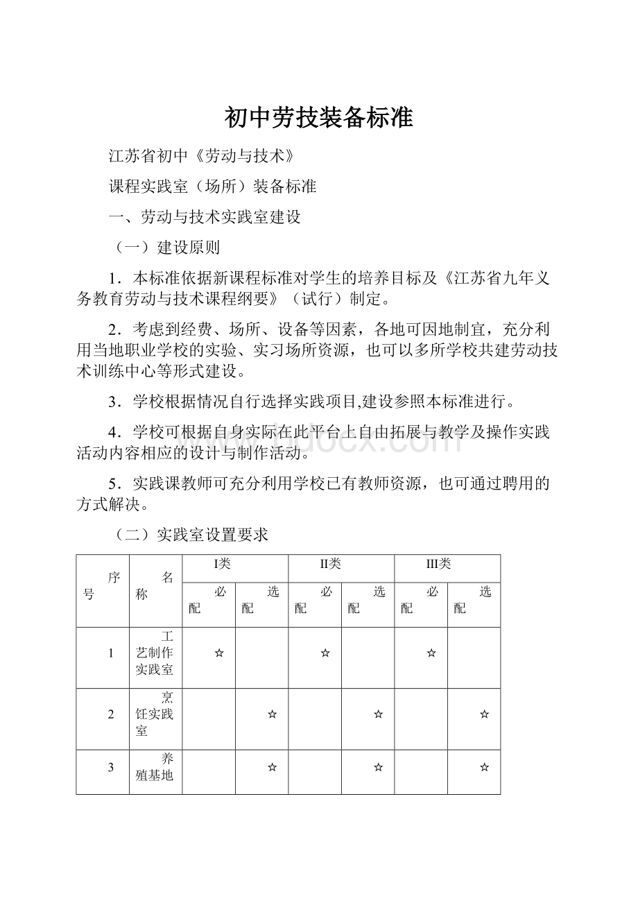 初中劳技装备标准.docx