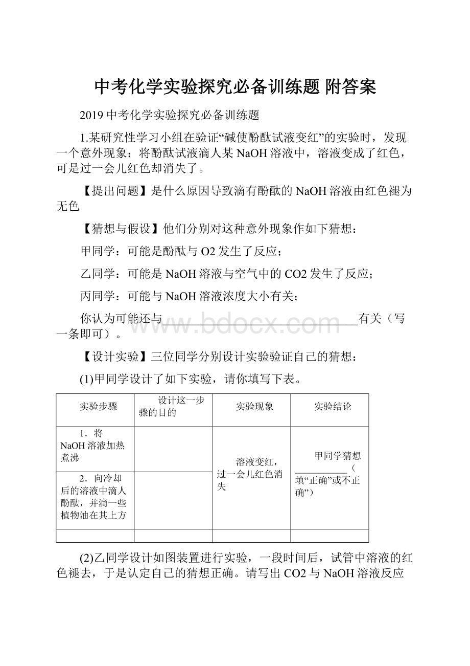 中考化学实验探究必备训练题 附答案.docx