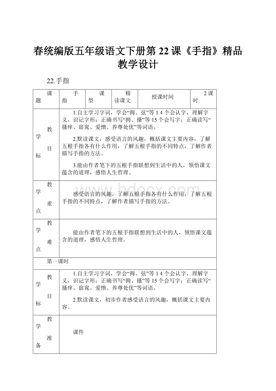 春统编版五年级语文下册第22课《手指》精品教学设计.docx