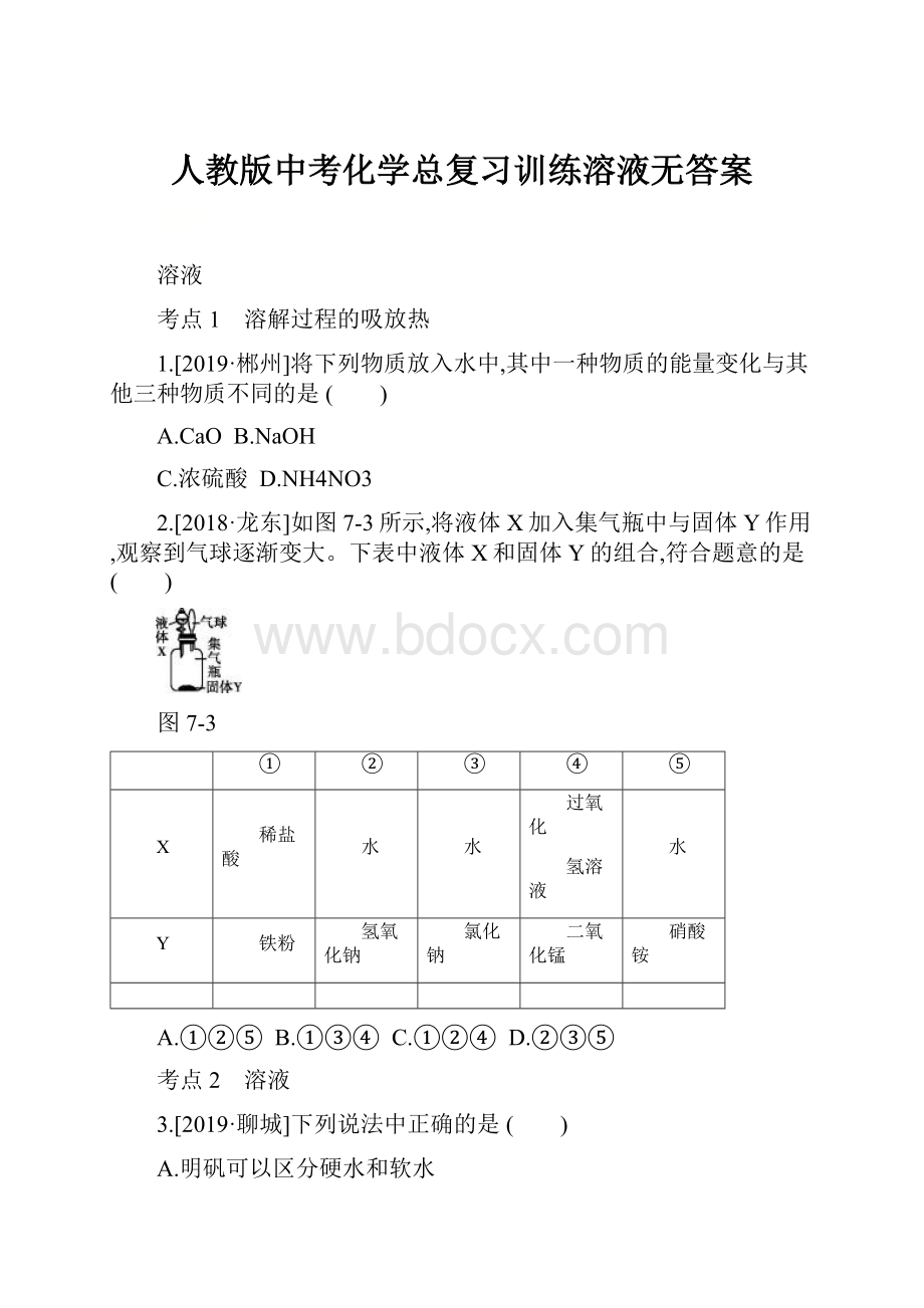 人教版中考化学总复习训练溶液无答案.docx