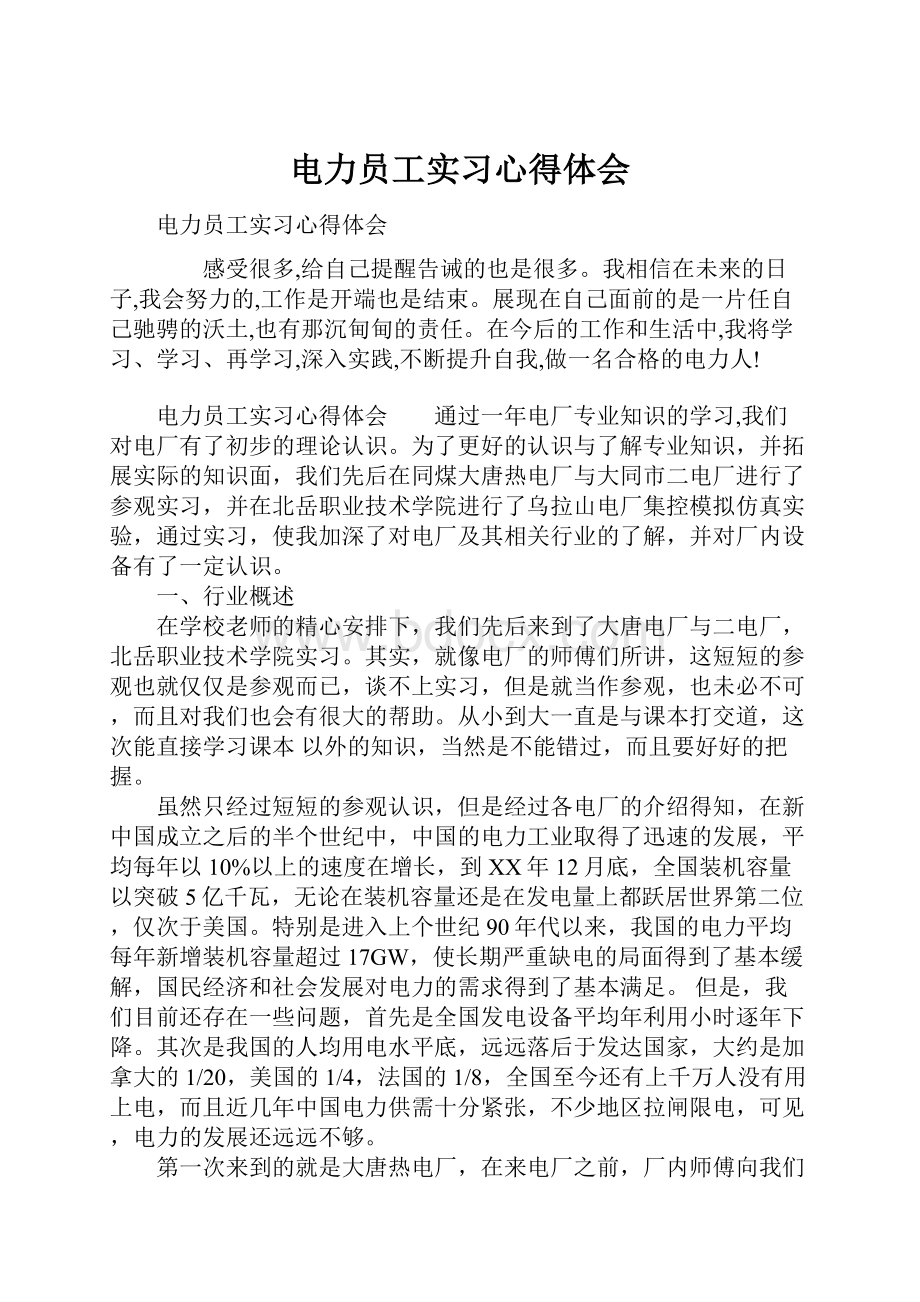 电力员工实习心得体会.docx