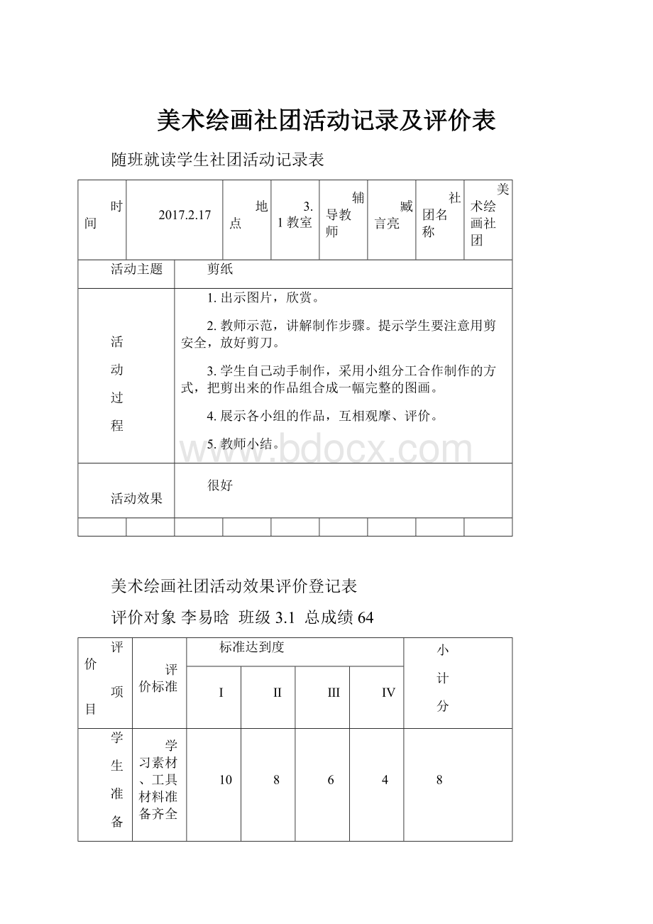 美术绘画社团活动记录及评价表.docx