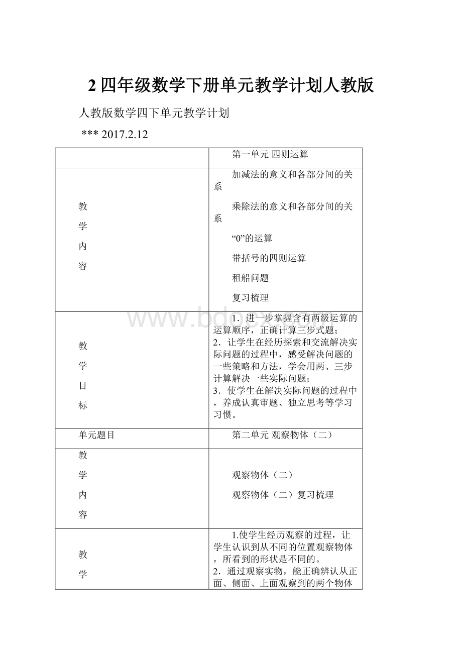 2四年级数学下册单元教学计划人教版.docx