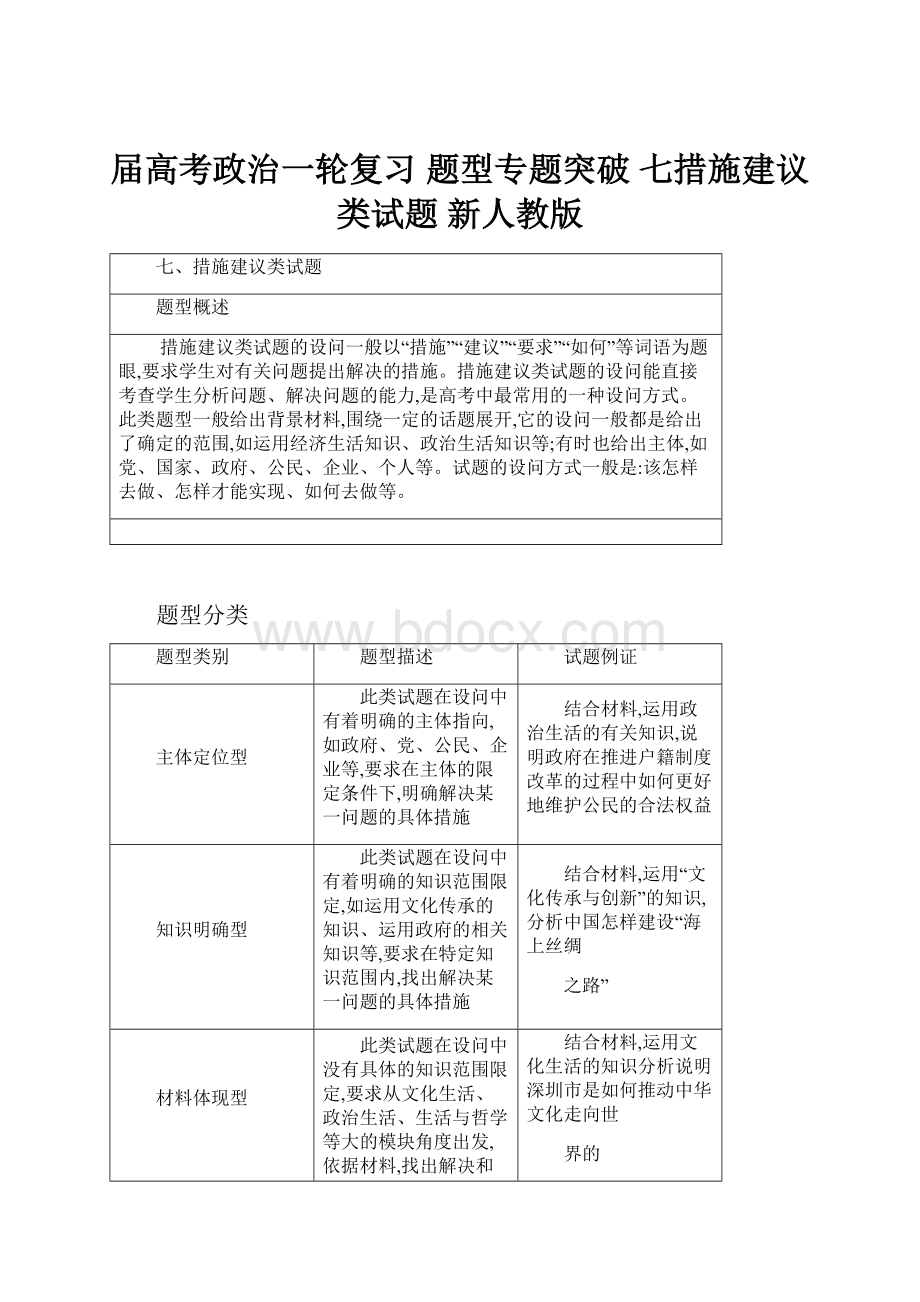 届高考政治一轮复习 题型专题突破 七措施建议类试题 新人教版.docx