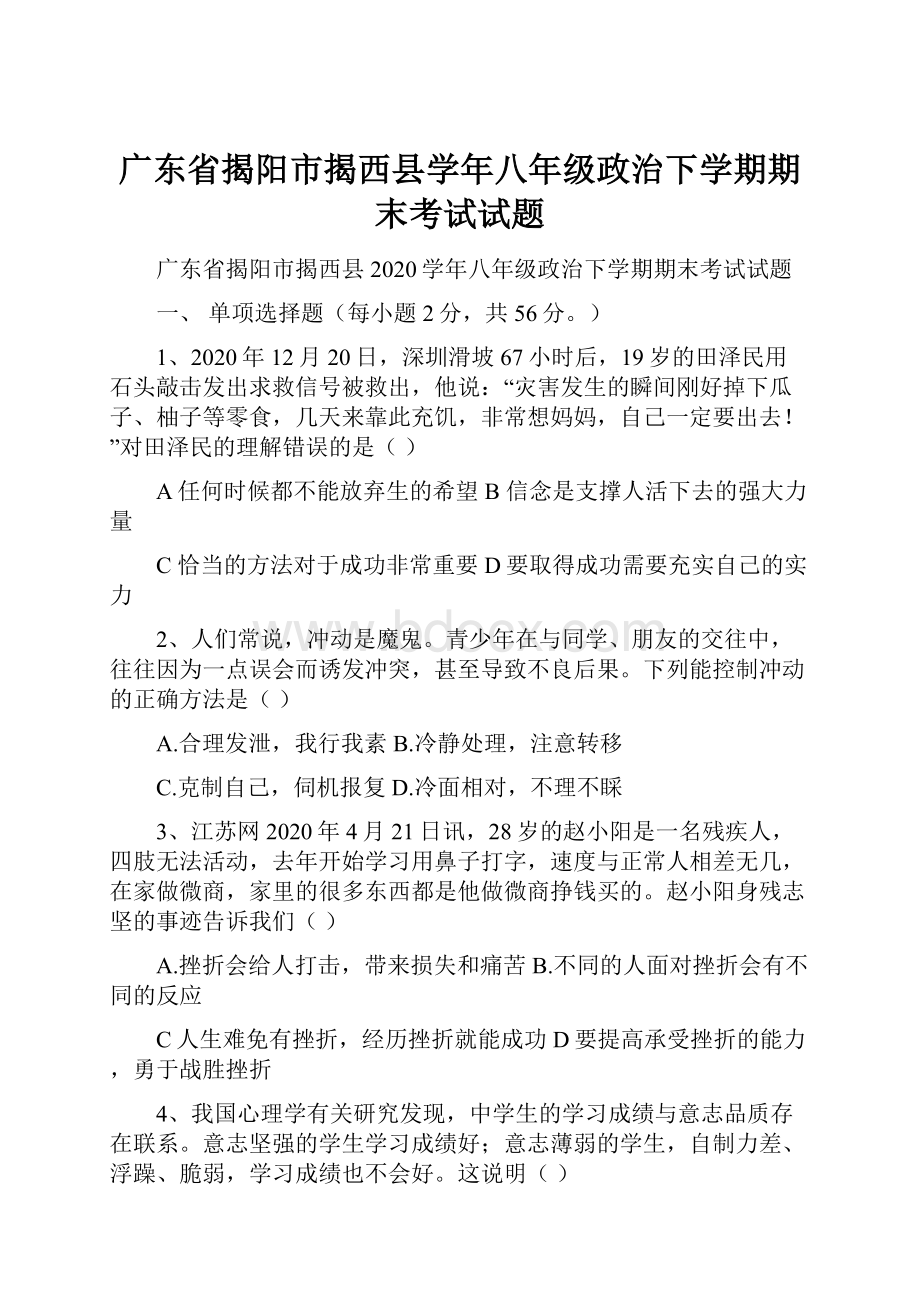 广东省揭阳市揭西县学年八年级政治下学期期末考试试题.docx