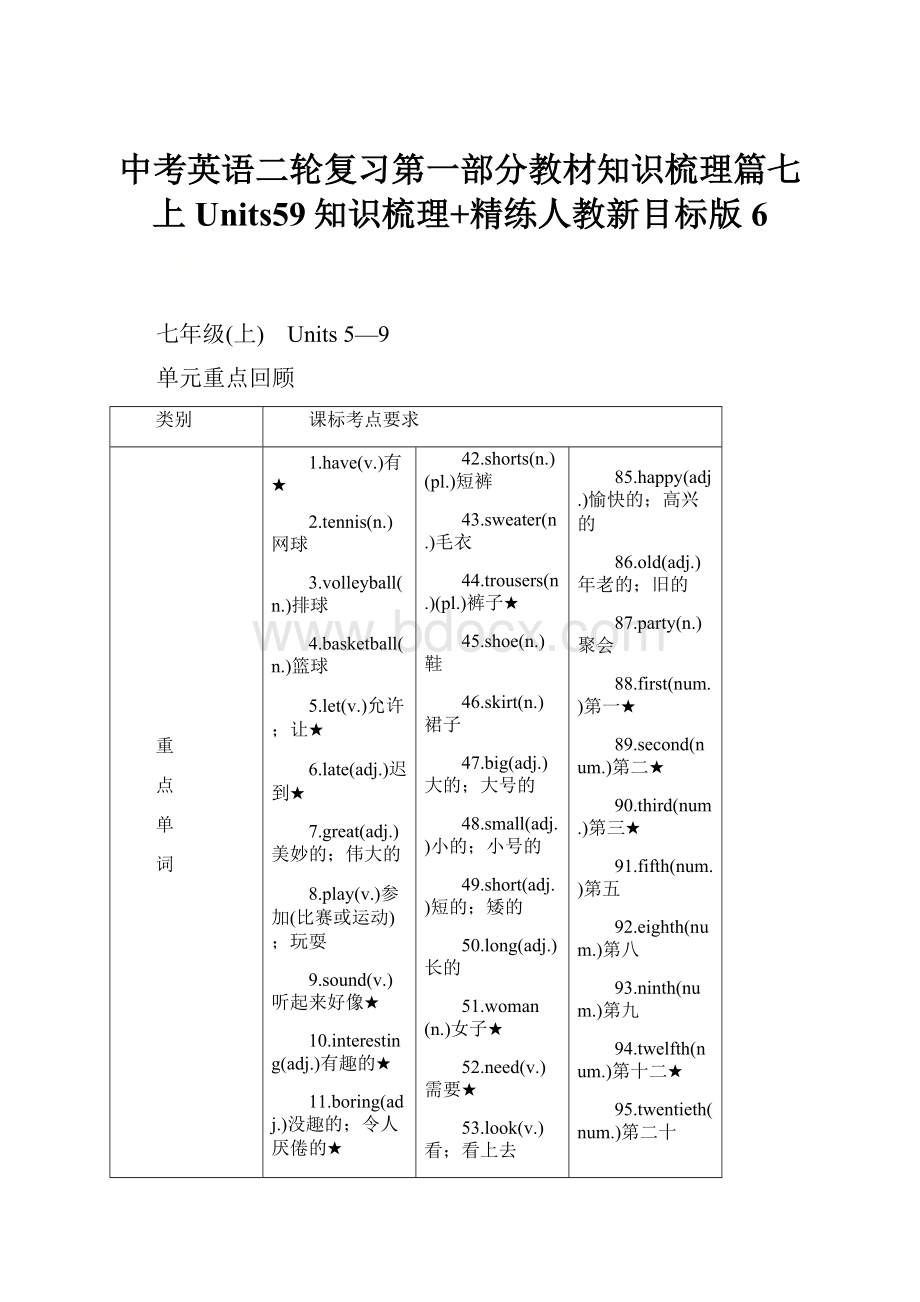 中考英语二轮复习第一部分教材知识梳理篇七上Units59知识梳理+精练人教新目标版6.docx