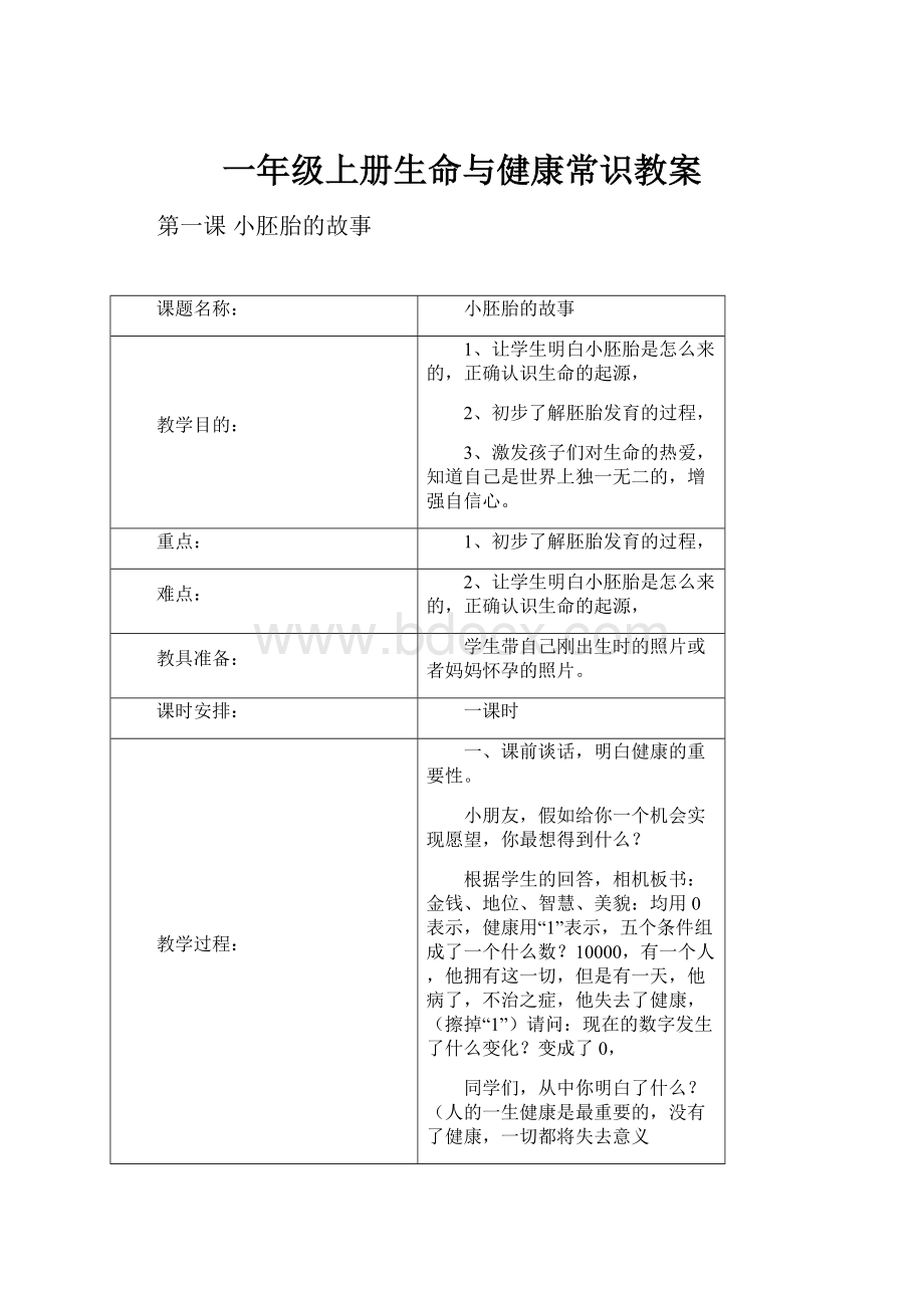 一年级上册生命与健康常识教案.docx