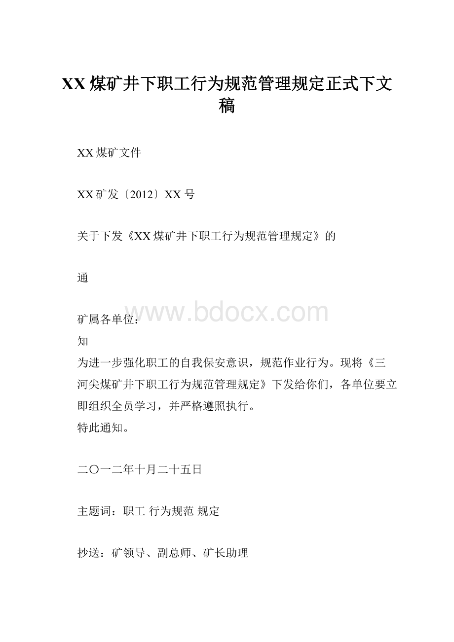 XX煤矿井下职工行为规范管理规定正式下文稿.docx