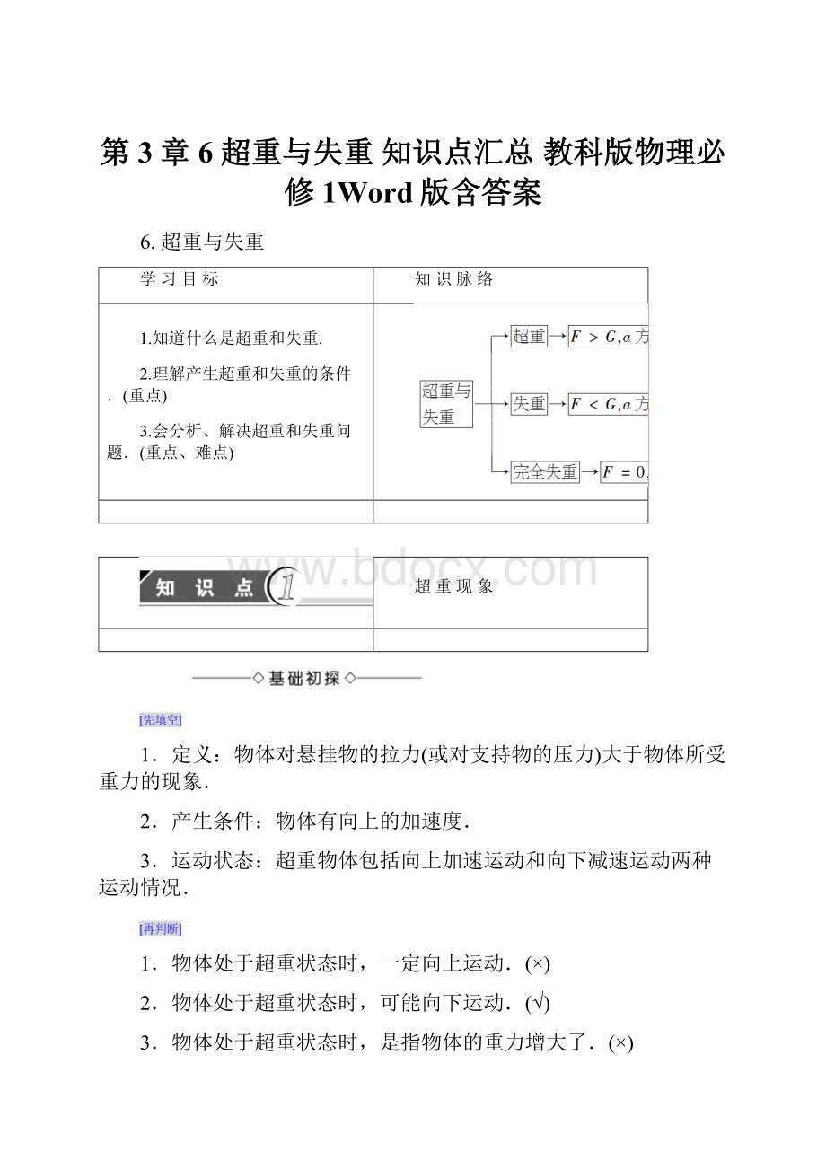 第3章 6 超重与失重 知识点汇总 教科版物理必修1Word版含答案.docx