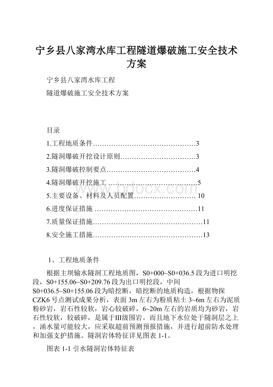 宁乡县八家湾水库工程隧道爆破施工安全技术方案.docx