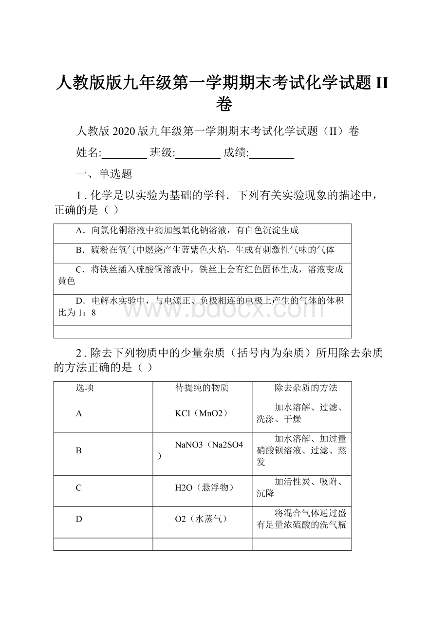 人教版版九年级第一学期期末考试化学试题II卷.docx