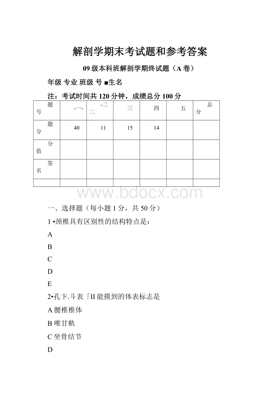 解剖学期末考试题和参考答案.docx