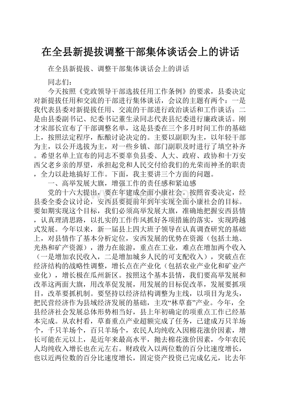 在全县新提拔调整干部集体谈话会上的讲话.docx_第1页