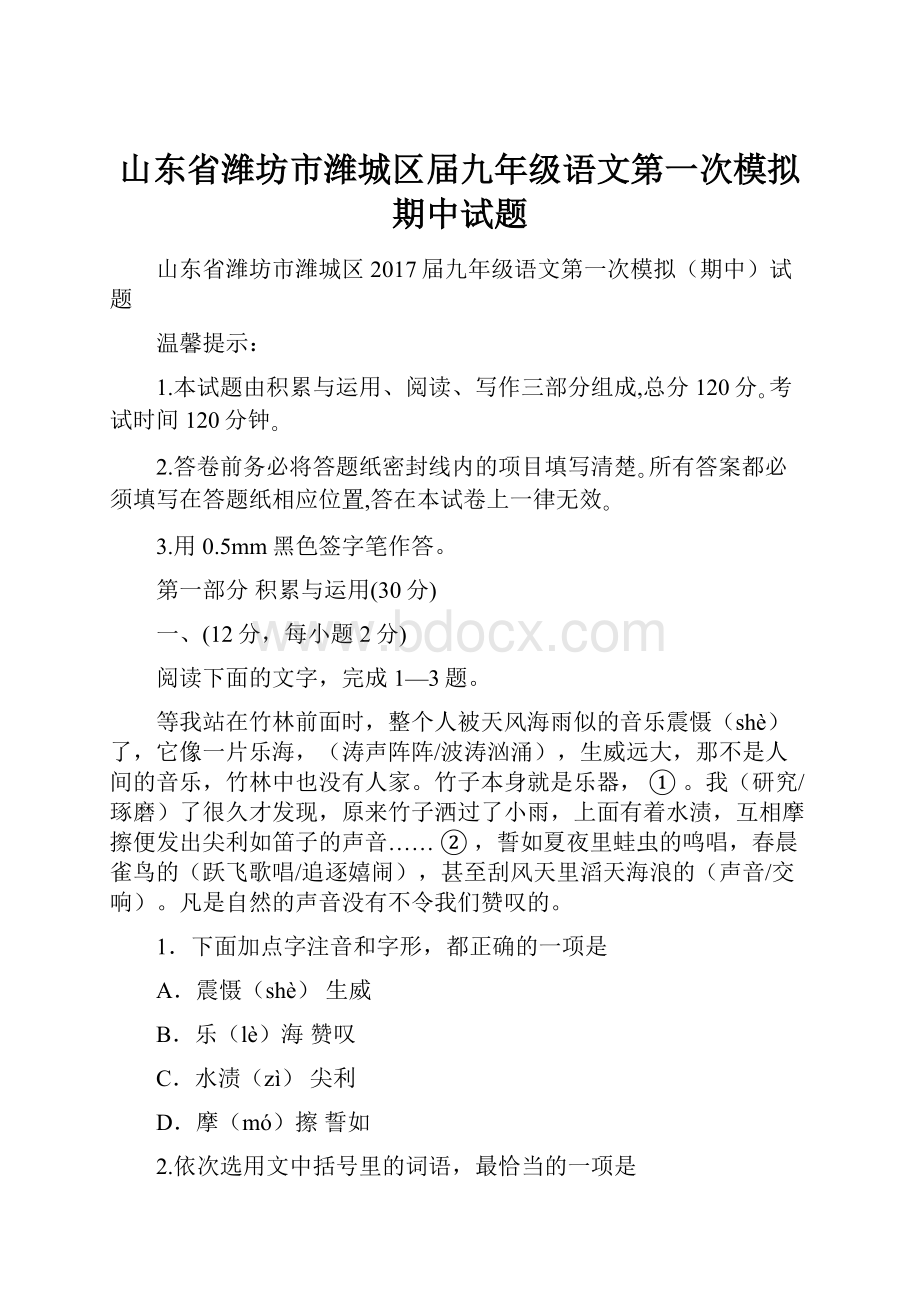 山东省潍坊市潍城区届九年级语文第一次模拟期中试题.docx