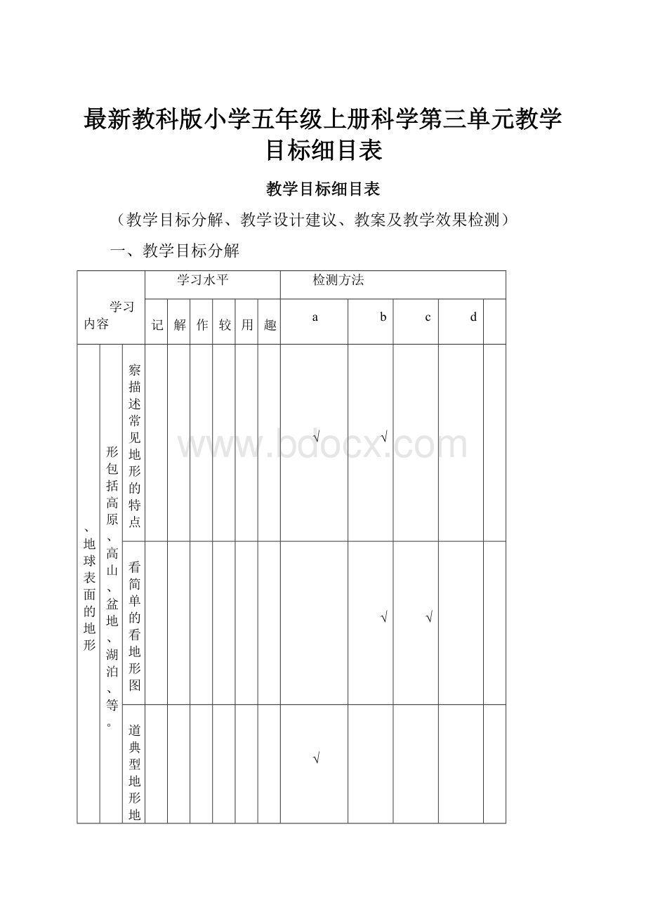 最新教科版小学五年级上册科学第三单元教学目标细目表.docx