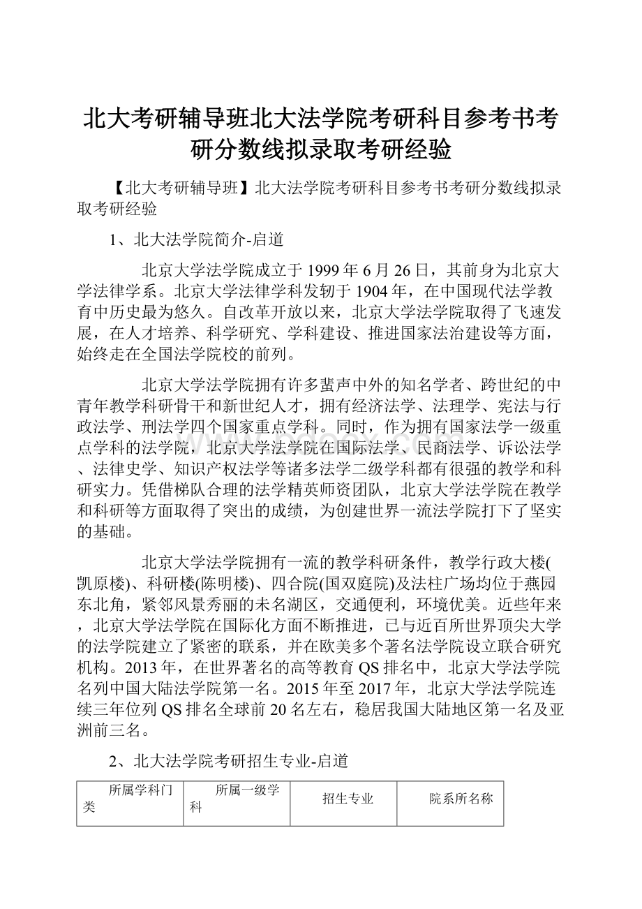 北大考研辅导班北大法学院考研科目参考书考研分数线拟录取考研经验.docx