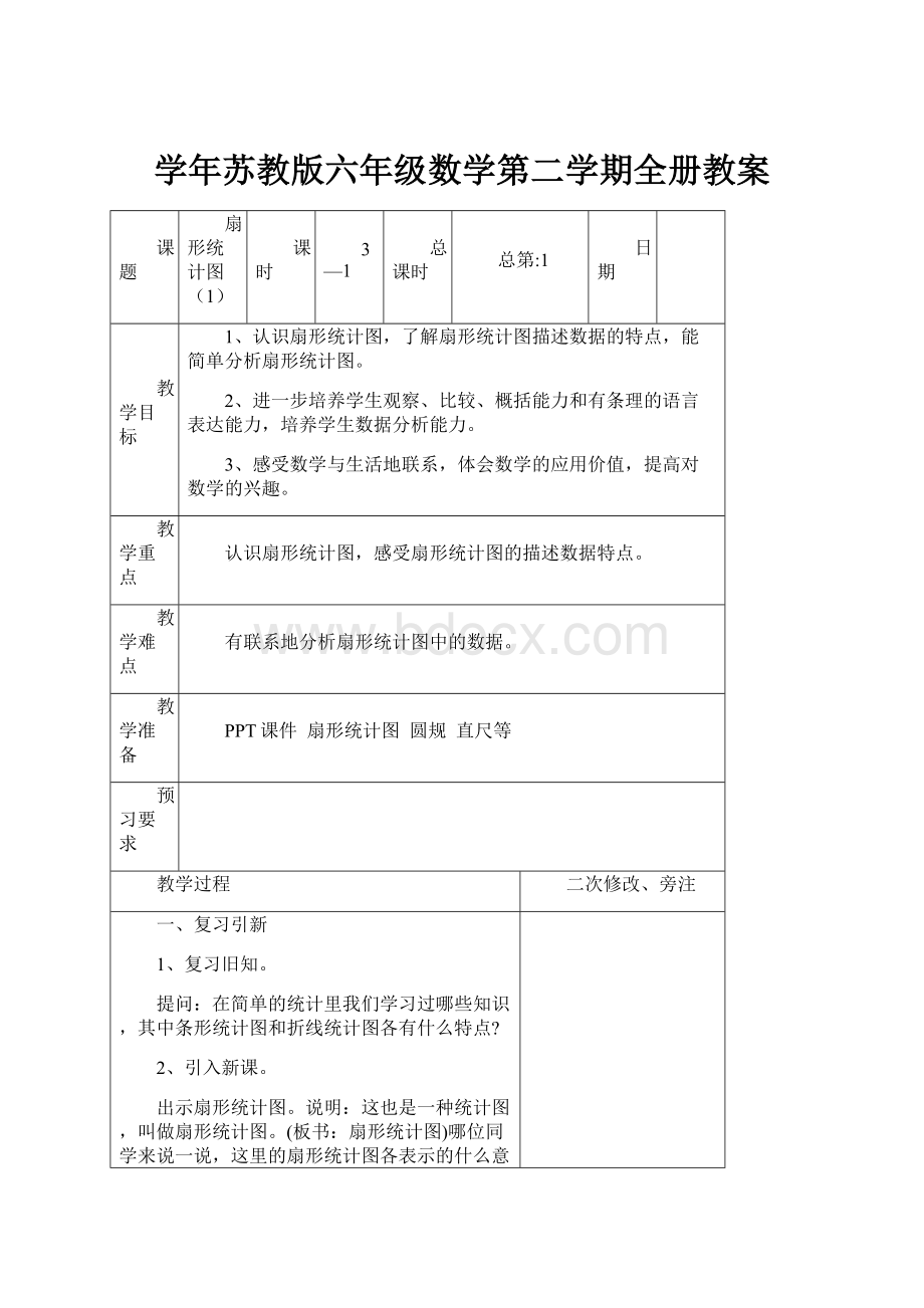 学年苏教版六年级数学第二学期全册教案.docx