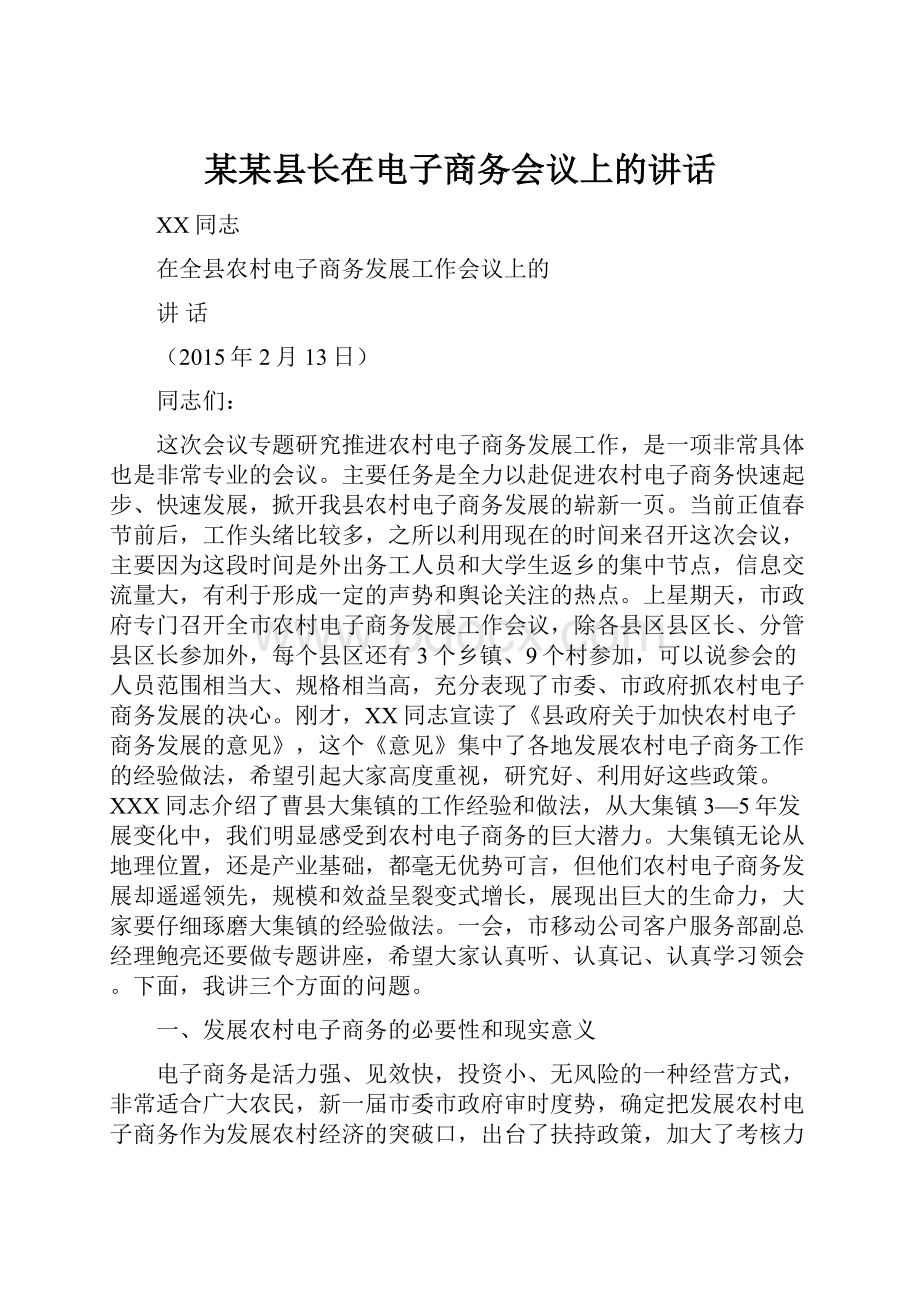 某某县长在电子商务会议上的讲话.docx