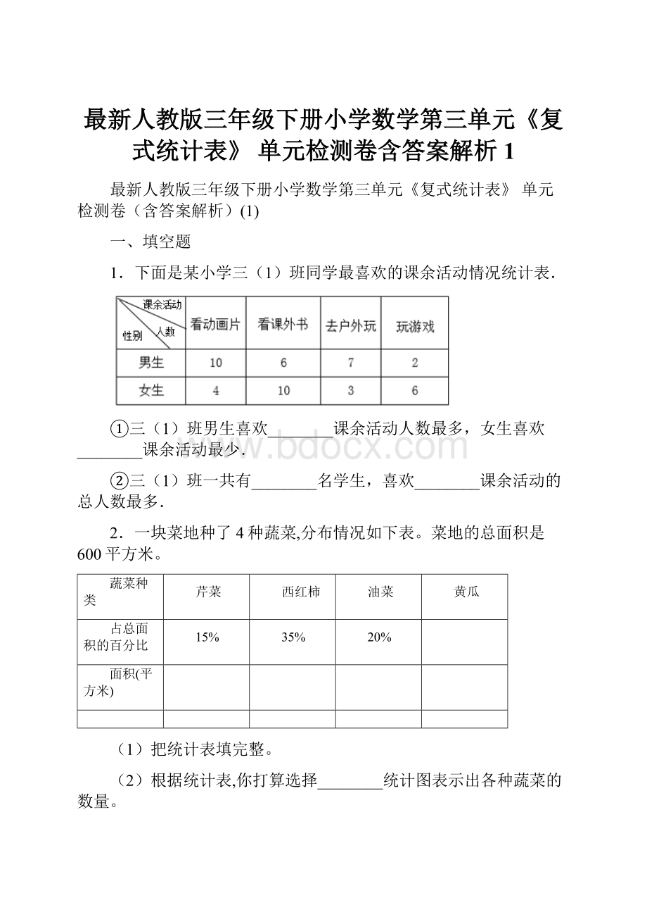 最新人教版三年级下册小学数学第三单元《复式统计表》 单元检测卷含答案解析1.docx