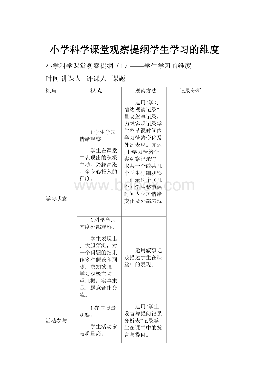 小学科学课堂观察提纲学生学习的维度.docx