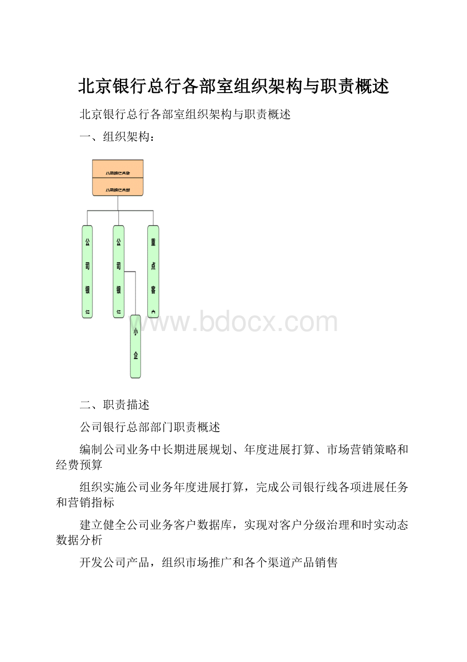 北京银行总行各部室组织架构与职责概述.docx