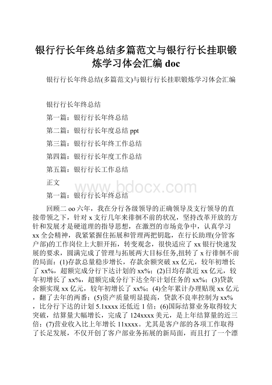 银行行长年终总结多篇范文与银行行长挂职锻炼学习体会汇编doc.docx