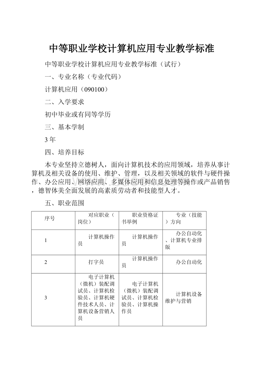 中等职业学校计算机应用专业教学标准.docx