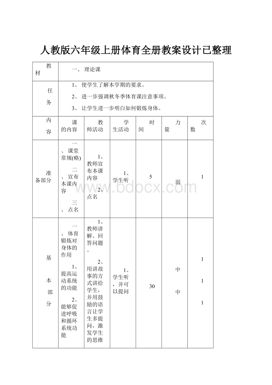 人教版六年级上册体育全册教案设计已整理.docx