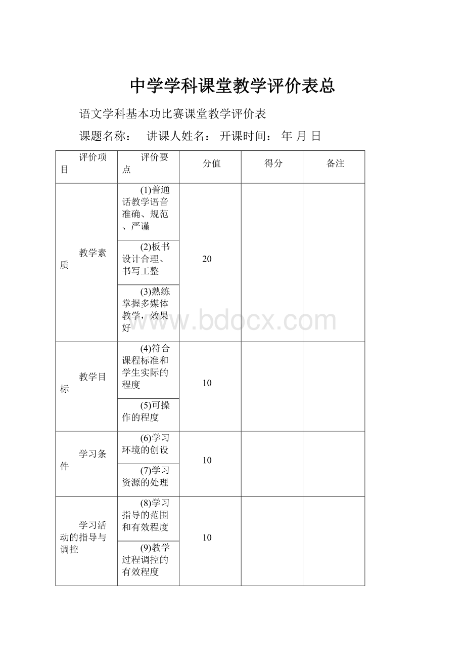 中学学科课堂教学评价表总.docx