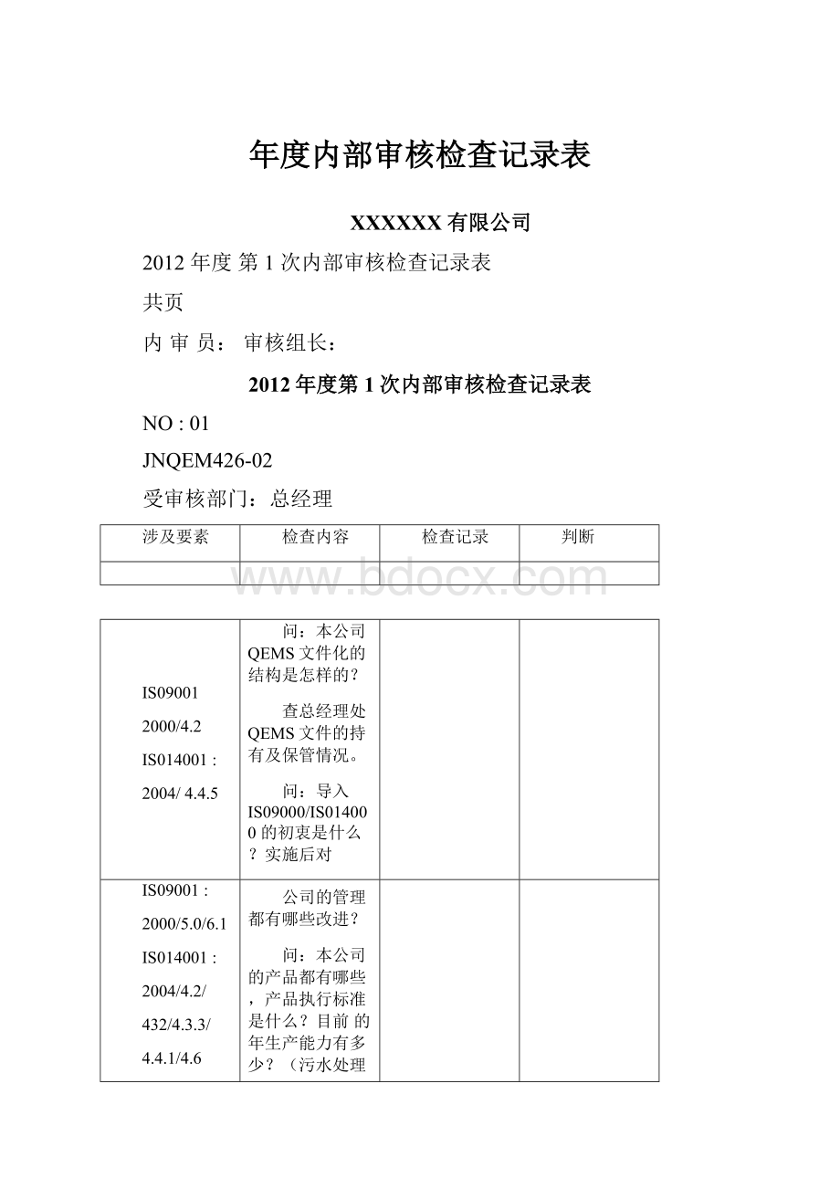 年度内部审核检查记录表.docx_第1页