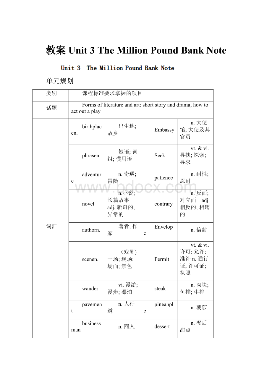 教案Unit 3 The Million Pound Bank Note.docx_第1页