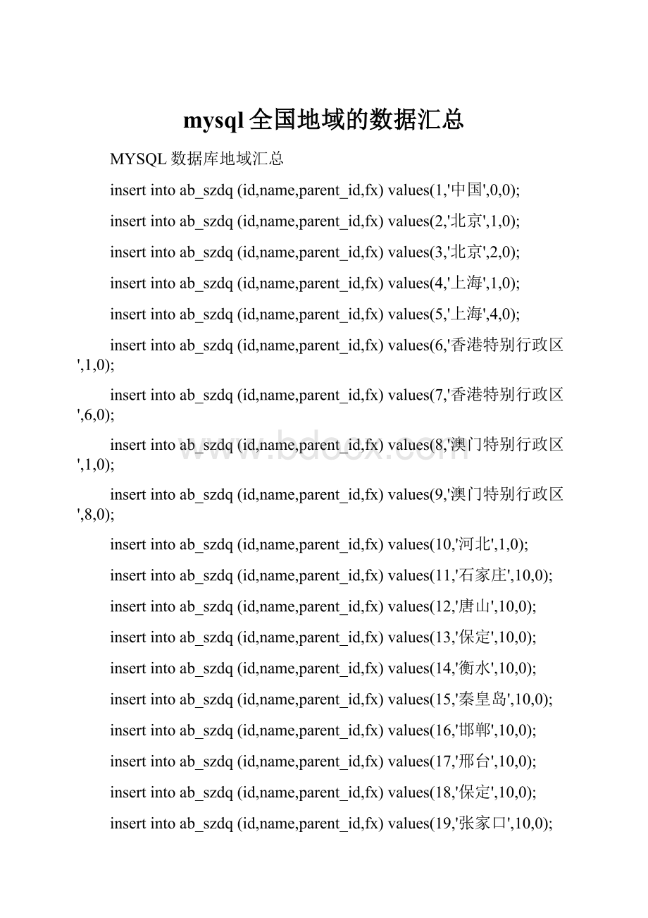 mysql全国地域的数据汇总.docx