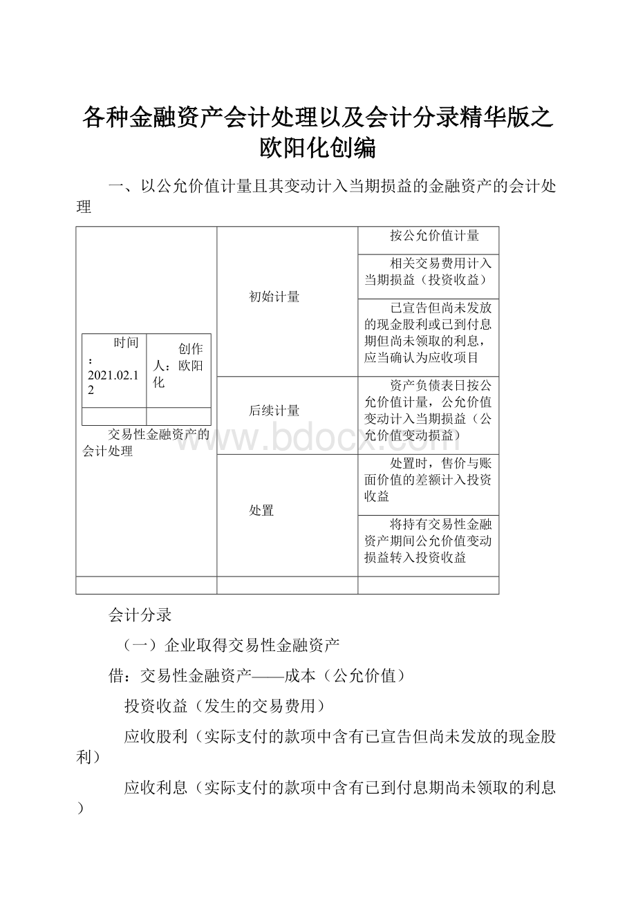 各种金融资产会计处理以及会计分录精华版之欧阳化创编.docx_第1页