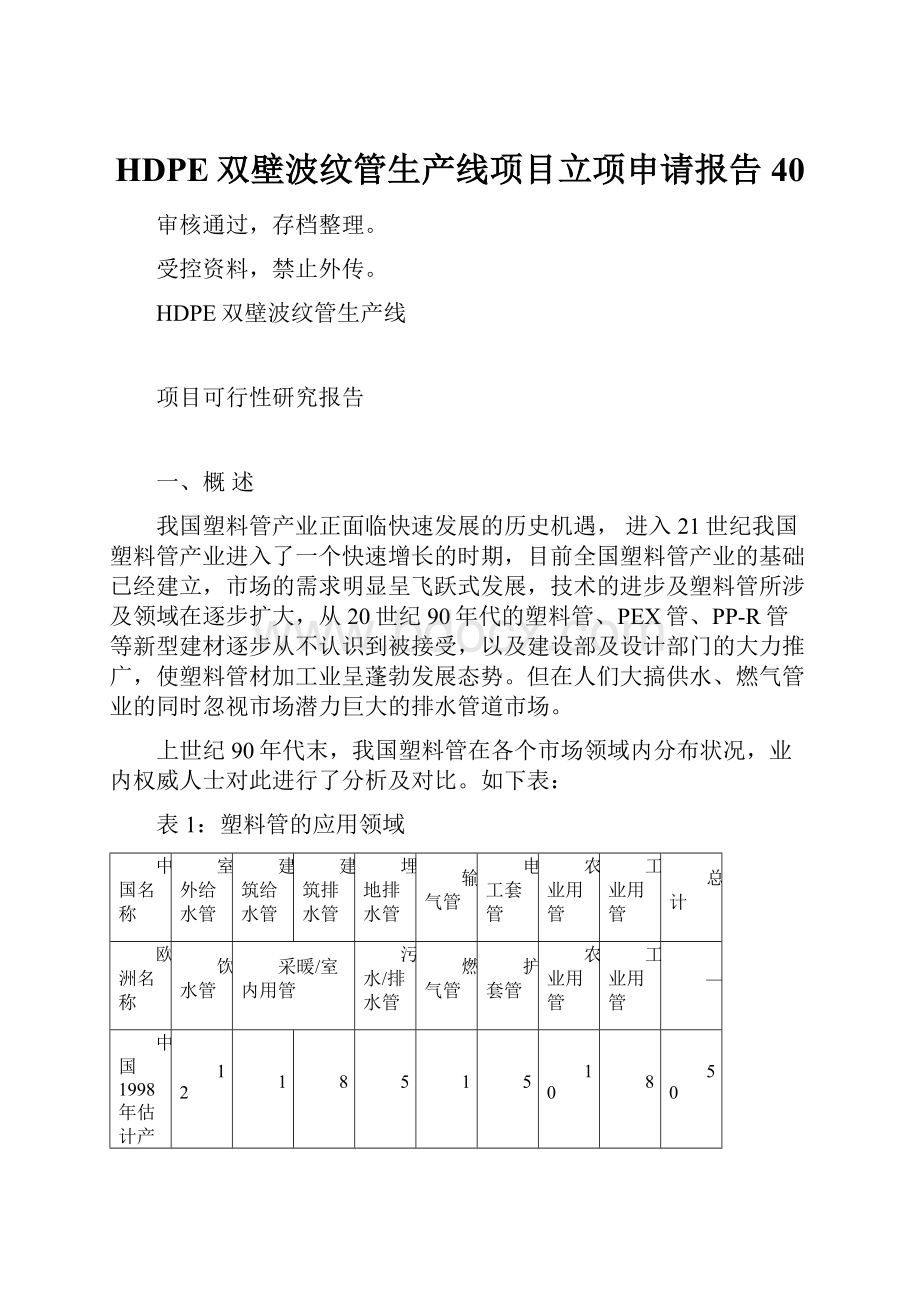 HDPE双壁波纹管生产线项目立项申请报告40.docx_第1页