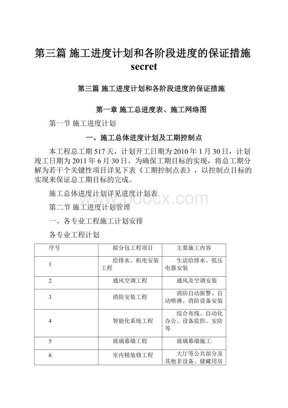 第三篇 施工进度计划和各阶段进度的保证措施secret.docx