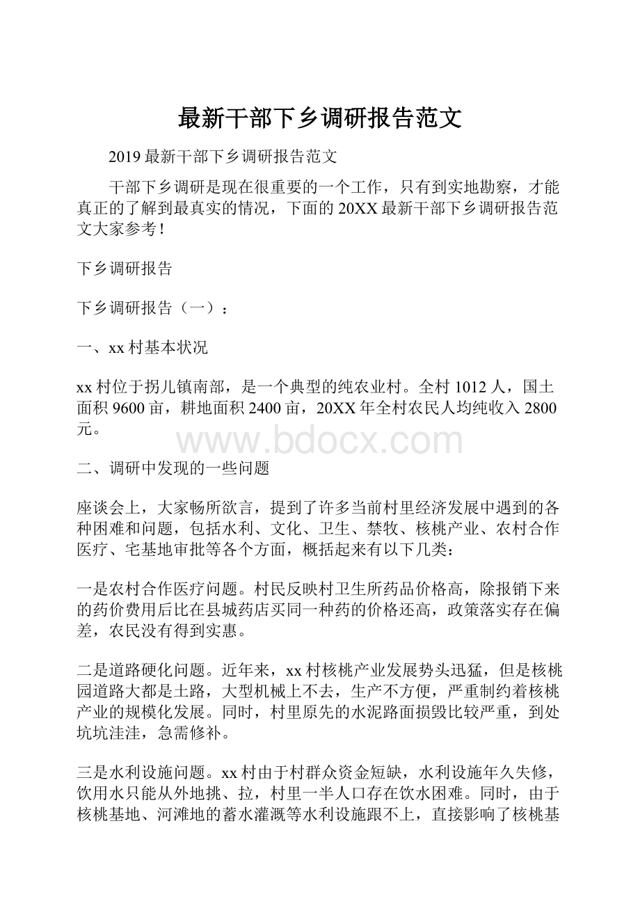 最新干部下乡调研报告范文.docx