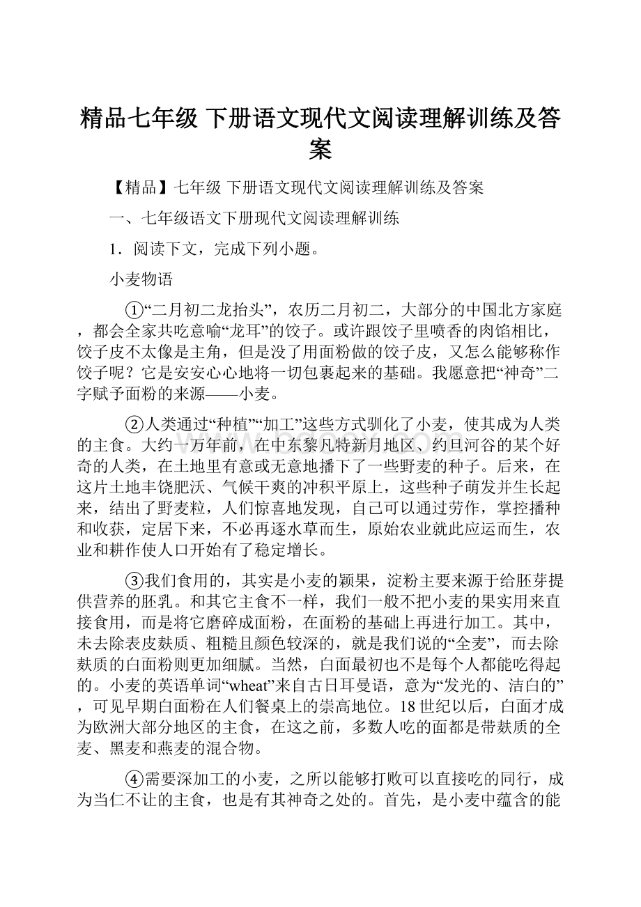 精品七年级 下册语文现代文阅读理解训练及答案.docx