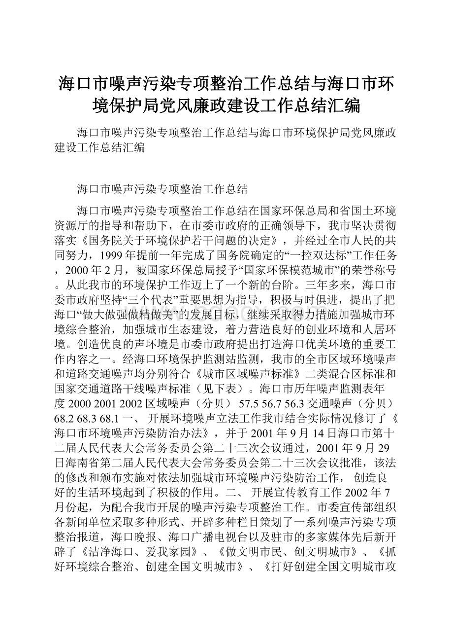 海口市噪声污染专项整治工作总结与海口市环境保护局党风廉政建设工作总结汇编.docx_第1页