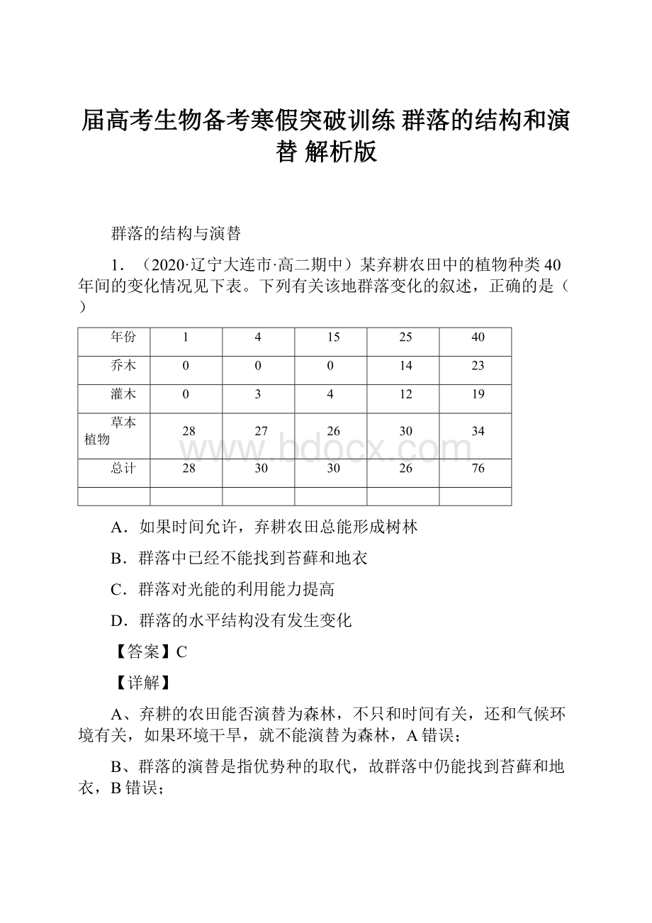 届高考生物备考寒假突破训练 群落的结构和演替 解析版.docx