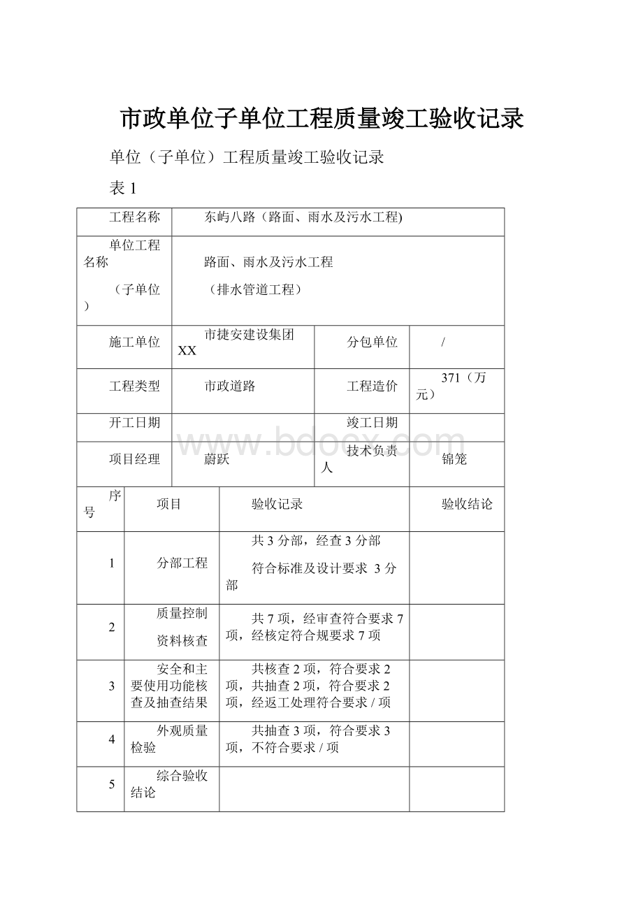 市政单位子单位工程质量竣工验收记录.docx