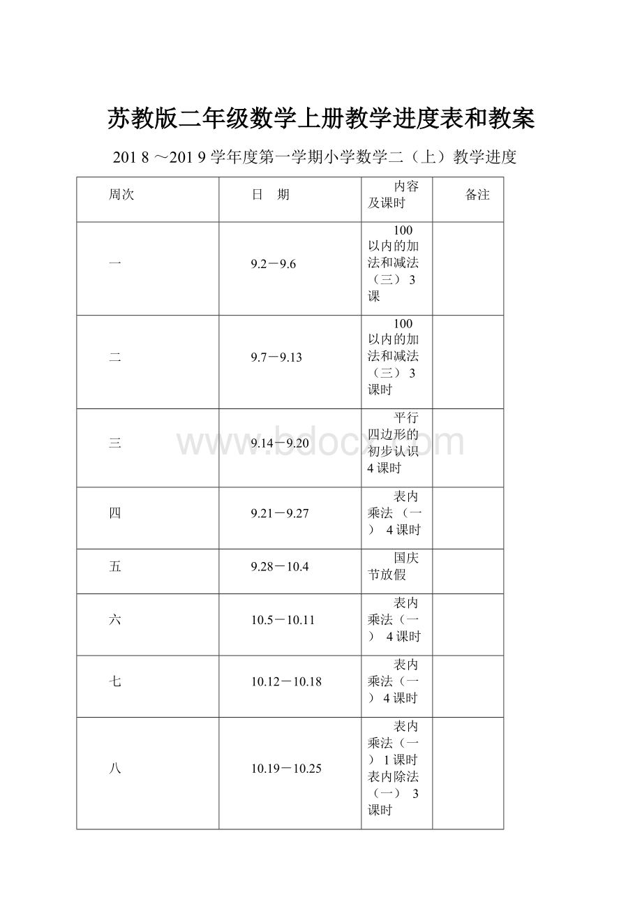 苏教版二年级数学上册教学进度表和教案.docx_第1页