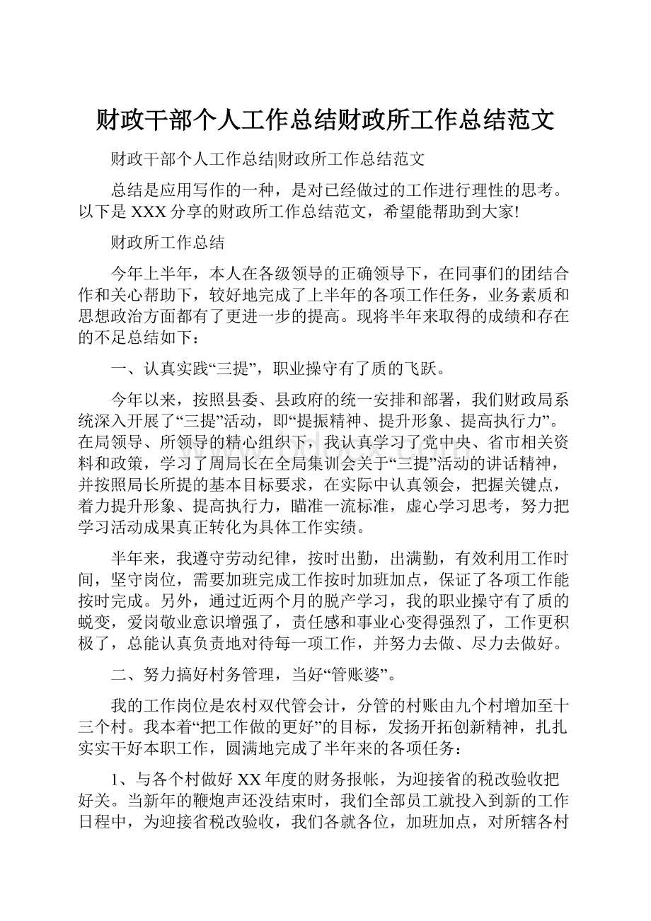 财政干部个人工作总结财政所工作总结范文.docx