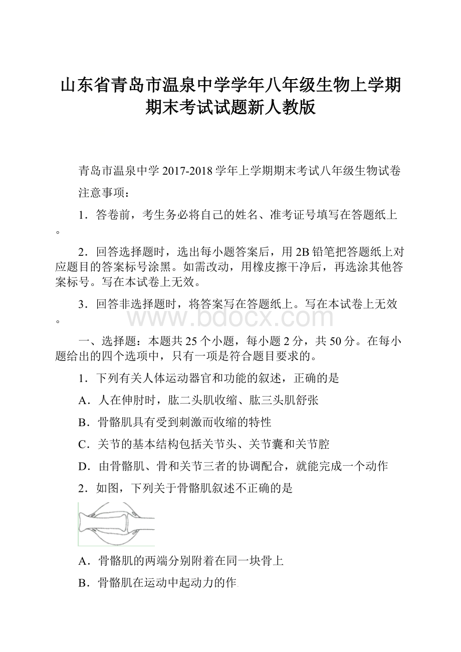 山东省青岛市温泉中学学年八年级生物上学期期末考试试题新人教版.docx_第1页