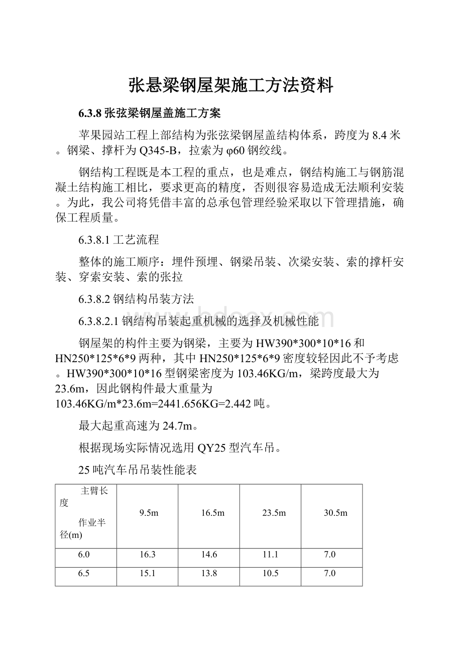 张悬梁钢屋架施工方法资料.docx