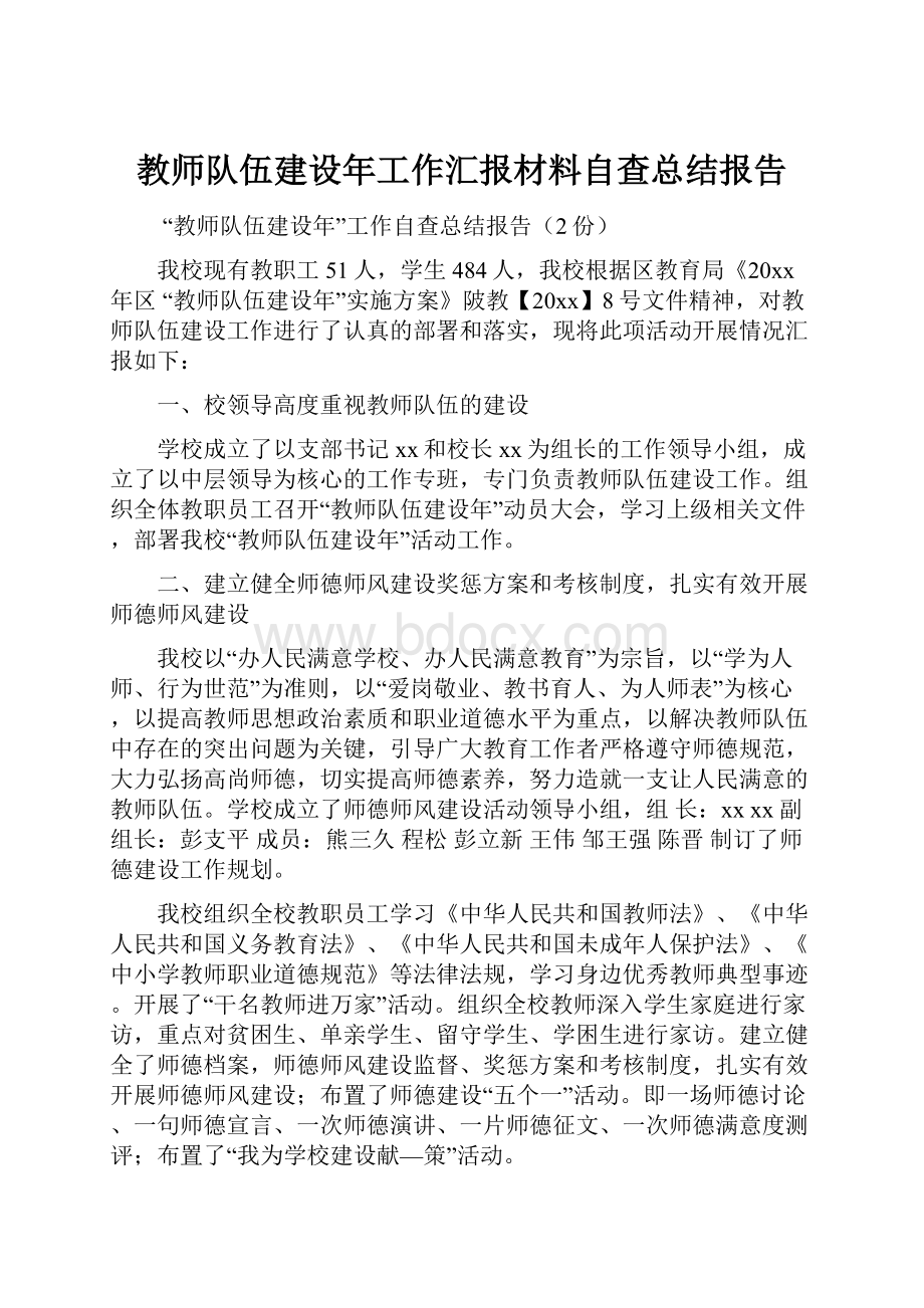 教师队伍建设年工作汇报材料自查总结报告.docx