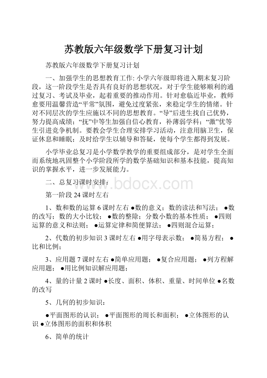 苏教版六年级数学下册复习计划.docx