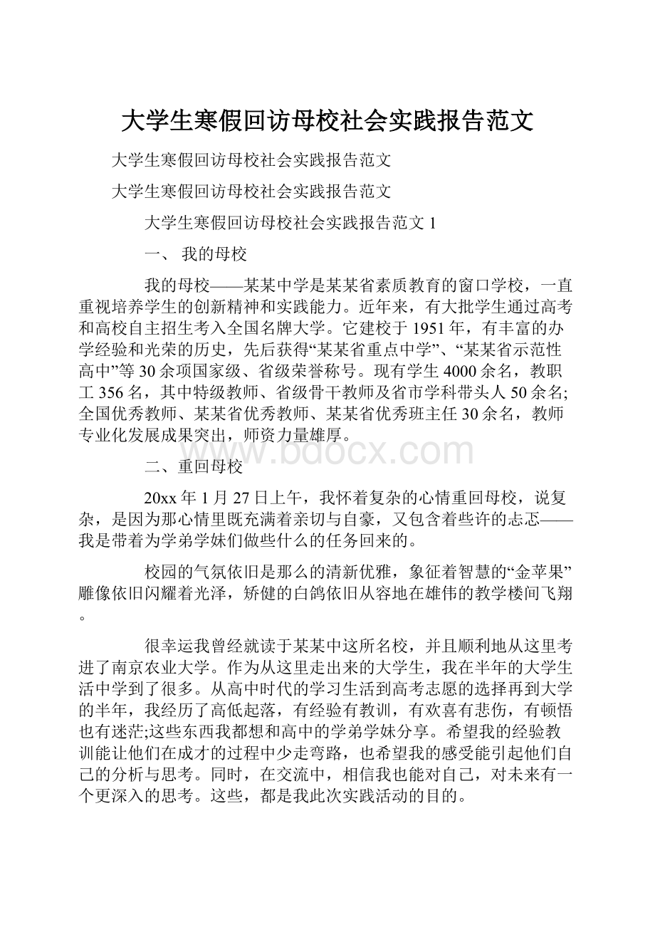 大学生寒假回访母校社会实践报告范文.docx