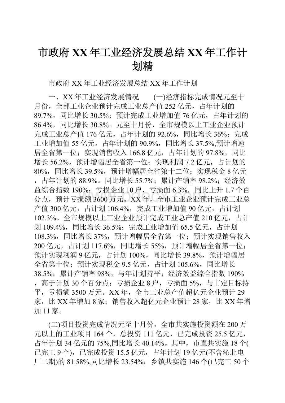 市政府XX年工业经济发展总结XX年工作计划精.docx